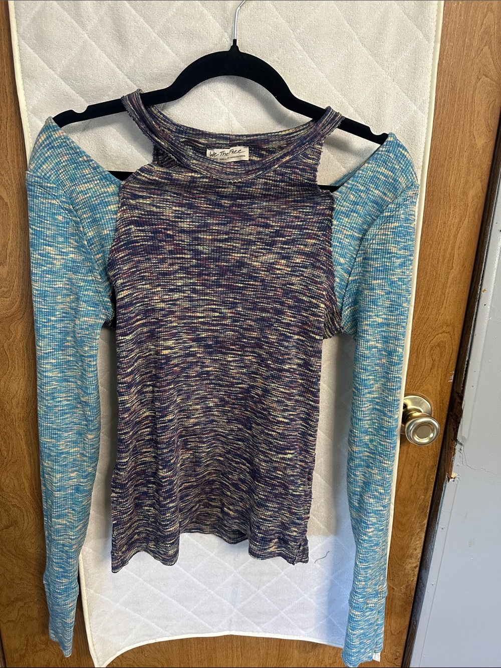 We The Free Multicolor Knit Cold-Shoulder Top with Blue Sleeves